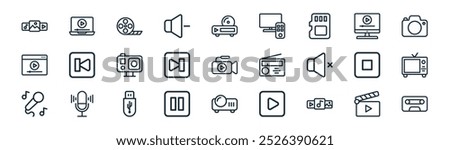 linear multimedia icon pack. vector thin line clapperboard, video player, film roll, play button, next track, tv, projector, case icons suitable for apps and websites ui designs