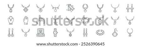 linear jewellery icon pack. vector thin line chain, necklace, maple, locket, star, jewellery, jewellery, pendant icons suitable for apps and websites ui designs