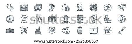 linear paraguay icon pack. vector thin line tshirt, cathedral, locro, ball, dam, guarani, peach, straw icons suitable for apps and websites ui designs