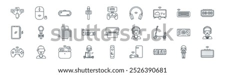 linear gadgets icon pack. vector thin line photographer, mouse, vr glasses, electric keyboard, projector, recording studio, smartwatch, speaker icons suitable for apps and websites ui designs