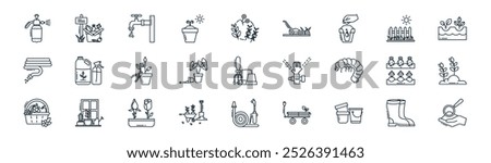 linear gardening icon pack. vector thin line boots, basket, water tap, fence, plant, plant, pipe, soil analysis icons suitable for apps and websites ui designs