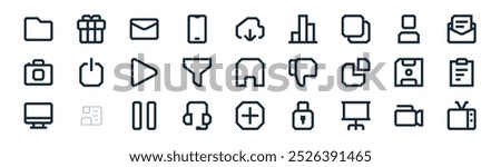 linear essentials ui icon pack. vector thin line camera, gift, mail, user, funnel, clipboard, plus, tv icons suitable for apps and websites ui designs