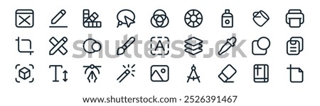 linear graphic design icon pack. vector thin line margin, edit text, pallete, paint bucket, brush, paste, image, artboard icons suitable for apps and websites ui designs