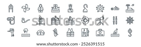 linear sailor icon pack. vector thin line message in a bottle, propeller, raincoat, submarine, cargo ship, rudder, life jacket, weight icons suitable for apps and websites ui designs