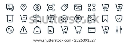 linear ecommerce icon pack. vector thin line smart cart, location, dollar, cart, add to cart, protect, purchase order, filter icons suitable for apps and websites ui designs