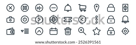 linear interface icon pack. vector thin line padlock, pause button, wave, padlock, reminder, notification bell, trash bin, target icons suitable for apps and websites ui designs