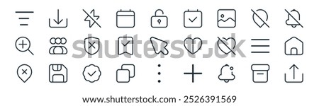 linear user interface icon pack. vector thin line box, download, lightning, location off, bookmark, home, menu, upload icons suitable for apps and websites ui designs