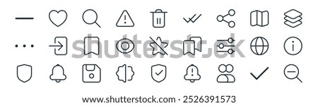 linear user interface icon pack. vector thin line check, heart, search, map, eye, info, shield, zoom out icons suitable for apps and websites ui designs