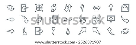 linear arrows icon pack. vector thin line up arrow, left arrow, arrows, up arrow, left right down arrows, rotating icons suitable for apps and websites ui designs