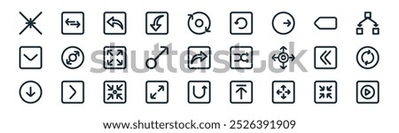 linear arrows set icon pack. vector thin line minimize, horizontal arrow, back, backward, drag, spin, return, play button icons suitable for apps and websites ui designs