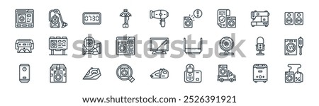 linear electronic devices icon pack. vector thin line humidifier, vacuum cleaner, watch, sewing hine, website, washing hine, vacuum cleaner, washing hine icons suitable for apps and websites ui