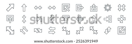 linear arrows icon pack. vector thin line up and down arrows, up arrow, left arrows, all directions, left and right left and right down right arrow, log out icons suitable for apps websites ui