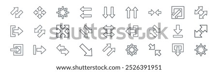 linear arrows icon pack. vector thin line download, four arrows, all directions, log out, down right arrow, left and right arrows, arrow upper right, circle icons suitable for apps and websites ui