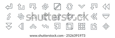 linear arrows icon pack. vector thin line turn right, u turn, turn down, left down, right, down arrow, left, four arrows icons suitable for apps and websites ui designs