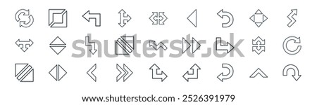 linear arrows icon pack. vector thin line up chevron, left and right, turn left, four arrows, left and right arrows, rotate, up right arrow, turn down icons suitable for apps and websites ui designs