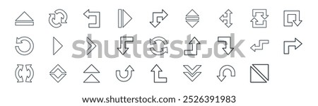 linear arrows icon pack. vector thin line turn down, loop, turn left, loop, down, turn right, u expand icons suitable for apps and websites ui designs