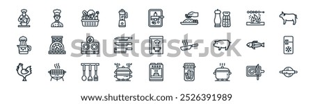 linear cooking icon pack. vector thin line cutting board, chef, vegetable,  , knife, refrigerator, oven, rolling pin icons suitable for apps and websites ui designs