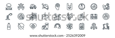 linear ecology icon pack. vector thin line together, earth, trash truck, recycling water, cloud, no straws, rainbow, electric bike icons suitable for apps and websites ui designs