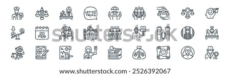 linear social justice icon pack. vector thin line anonymous woman, law education, judge, bt rights, debate, innocent, dumpster fire, detective icons suitable for apps and websites ui designs