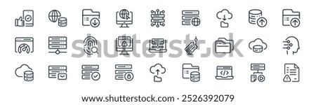 linear technology icon pack. vector thin line server, vps, download, upload, access denied, artificial intelligence, upload, warning icons suitable for apps and websites ui designs