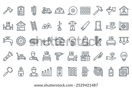 50 linear home improvements icon pack. vector thin line light bulb, list, heating, concrete mixer, helmet, duct tape, brick wall icons suitable for apps and websites ui designs.