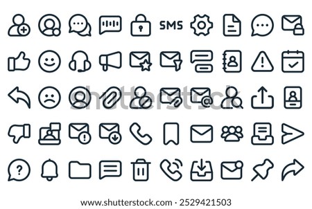 50 linear communication icon pack. vector thin line attached file, online, chat bubble, voice message, privacy, from, ting icons suitable for apps and websites ui designs.