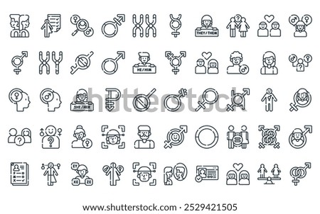 50 linear identity icon pack. vector thin line genderqueer, gender neutral, gender identity, androgyne, chromosome, nonbinary, woman icons suitable for apps and websites ui designs.