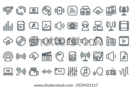 50 linear audio video icon pack. vector thin line camera, repeat, stream, dj music, streaming, rss, music box icons suitable for apps and websites ui designs.