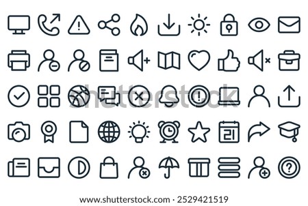 50 linear basic interface set icon pack. vector thin line notification, outgoing call, alert, sharing, fire, downloads, sun icons suitable for apps and websites ui designs.