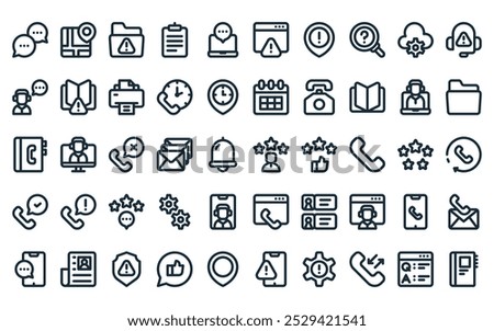 50 linear customer service icon pack. vector thin line positive feedback, map location, folder, clipboard, conversation, error page, location pin icons suitable for apps and websites ui designs.