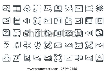 50 linear multimedia icon pack. vector thin line pause, film, cloud storage, resize, favorite, laptop, folder icons suitable for apps and websites ui designs.