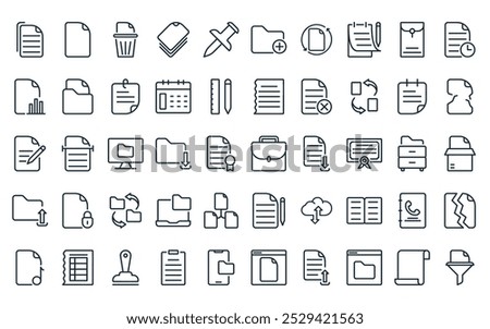 50 linear documentation icon pack. vector thin line briefcase, file, garbage bin, paper stack, push pin, add folder, refresh icons suitable for apps and websites ui designs.