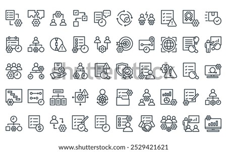 50 linear project management icon pack. vector thin line quality assurance, integration, engagement, dependencies, communication problems, lifecycle, conflict resolution icons suitable for apps and