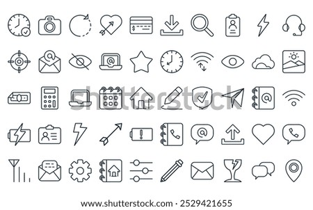 50 linear user interface icon pack. vector thin line pen, camera, reload, fall in love, atm card, download, loupe icons suitable for apps and websites ui designs.