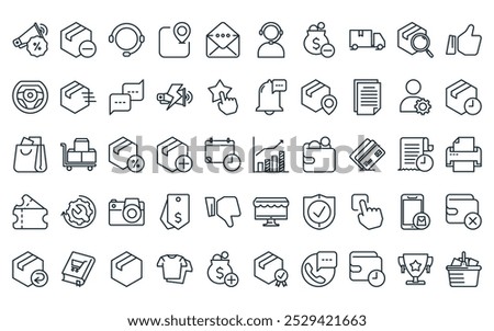 50 linear ecommerce icon pack. vector thin line graphic, cancel, customer service, location, message, call center, remove icons suitable for apps and websites ui designs.