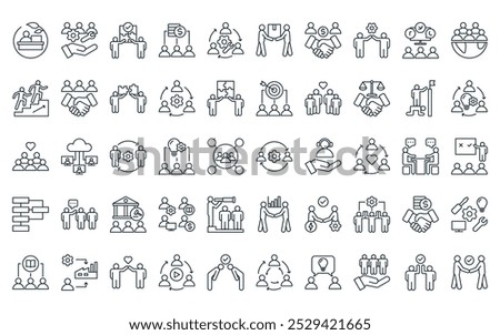 50 linear cooperation icon pack. vector thin line synergy, teamwork, problem solving, economy, synergy, working together, venture icons suitable for apps and websites ui designs.