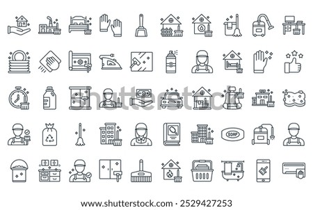 50 linear cleaning icon pack. vector thin line car wash, industrial, mattress, latex, dustpan, backyard, water damage icons suitable for apps and websites ui designs.