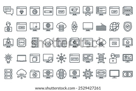 50 linear developer icon pack. vector thin line bug, diamond, loading, searching, php, education, game development icons suitable for apps and websites ui designs.