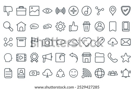 50 linear social network icon pack. vector thin line cloud server, toolbox, picture, viewer, live streaming, add, playlist icons suitable for apps and websites ui designs.