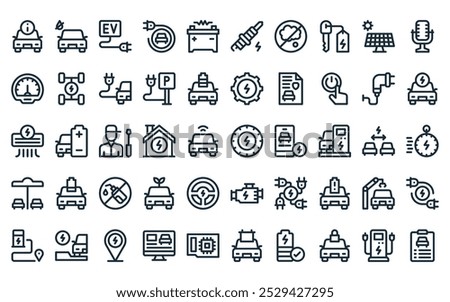 50 linear electric car icon pack. vector thin line tire, no fossil fuels, ev, electric car, car battery, spark plug, zero emisison icons suitable for apps and websites ui designs.