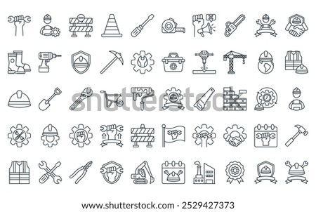 50 linear labour day icon pack. vector thin line engineering, operator, road block, traffic cone, screwdriver, tape measure, protest icons suitable for apps and websites ui designs.