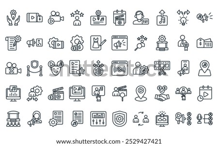 50 linear entertainment management icon pack. vector thin line live streaming, sales, film production, talent, production, scheduling, engineering icons suitable for apps and websites ui designs.