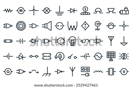 50 linear electronics symbols icon pack. vector thin line bulb, motor, no connection, lamp, earthing, diode, nature icons suitable for apps and websites ui designs.