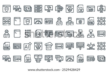 50 linear computer programming icon pack. vector thin line searching, adaptive, windows, tasks, web button, new features, aorithm icons suitable for apps and websites ui designs.