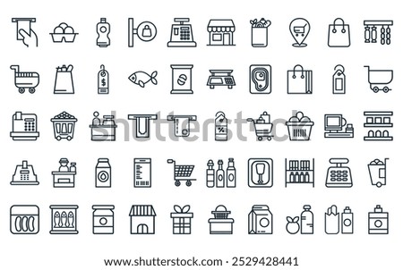 50 linear supermarket icon pack. vector thin line price, egg, drink bottle, store, cash register, supermarket, shopping bags icons suitable for apps and websites ui designs.