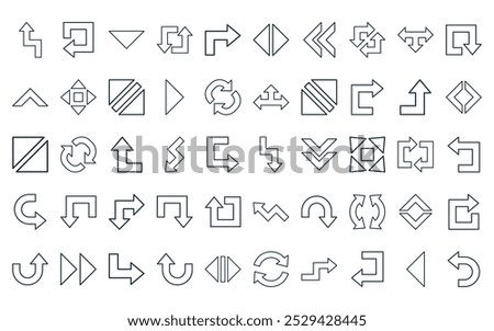 50 linear arrows icon pack. vector thin line down, turn left, down, loop, turn right, left and right arrows, left chevron icons suitable for apps and websites ui designs.