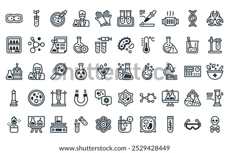 50 linear lab icon pack. vector thin line flask, plant, pipette, scientist, gloves, test tube, pipette icons suitable for apps and websites ui designs.