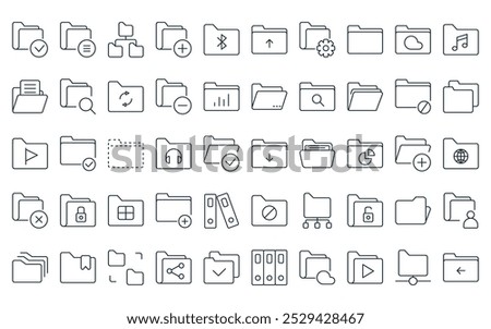 50 linear folder and file icon pack. vector thin line download, menu, share, add,  , upload, tings icons suitable for apps and websites ui designs.