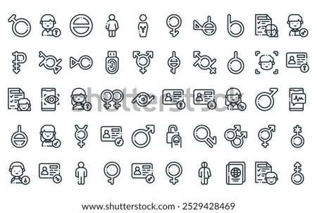 50 linear identity icon pack. vector thin line gender identity, demigirl, agender, female, gender neutral, transgender, demiagender icons suitable for apps and websites ui designs.