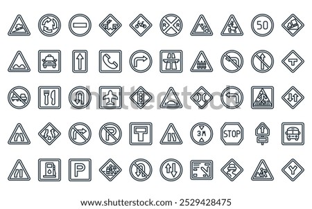 50 linear traffic sign icon pack. vector thin line hump, roundabout, no entry, bridge, bicycle, railroad crossing, falling rocks icons suitable for apps and websites ui designs.